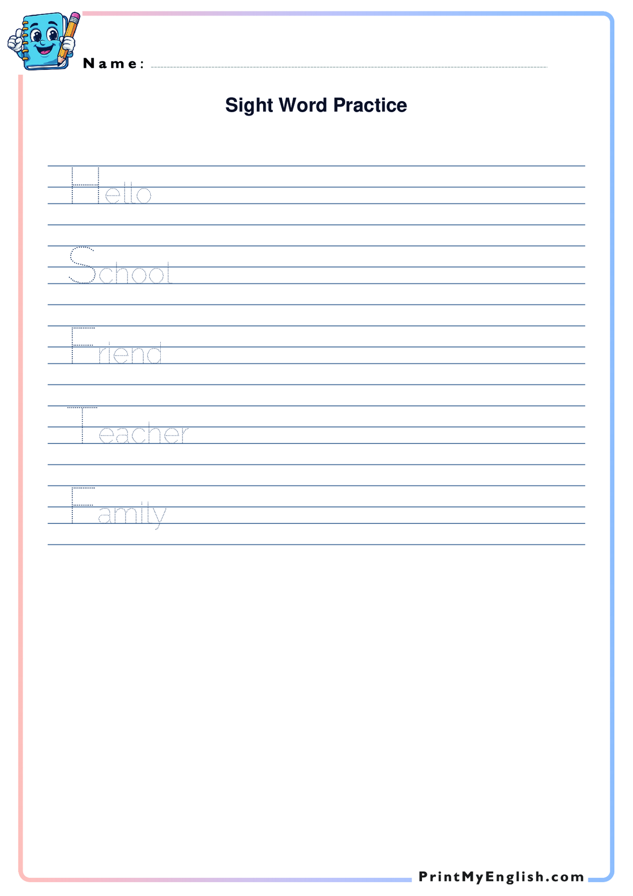 A4 portrait worksheet preview: Sight Word Practice