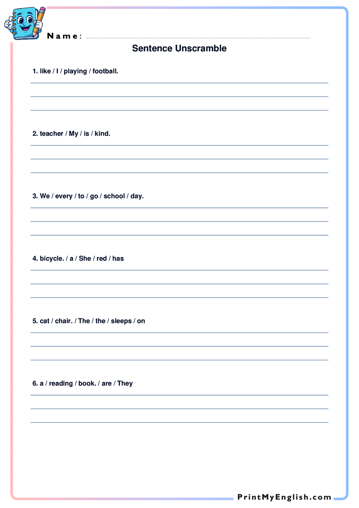 A4 portrait worksheet preview: Sentence Unscramble