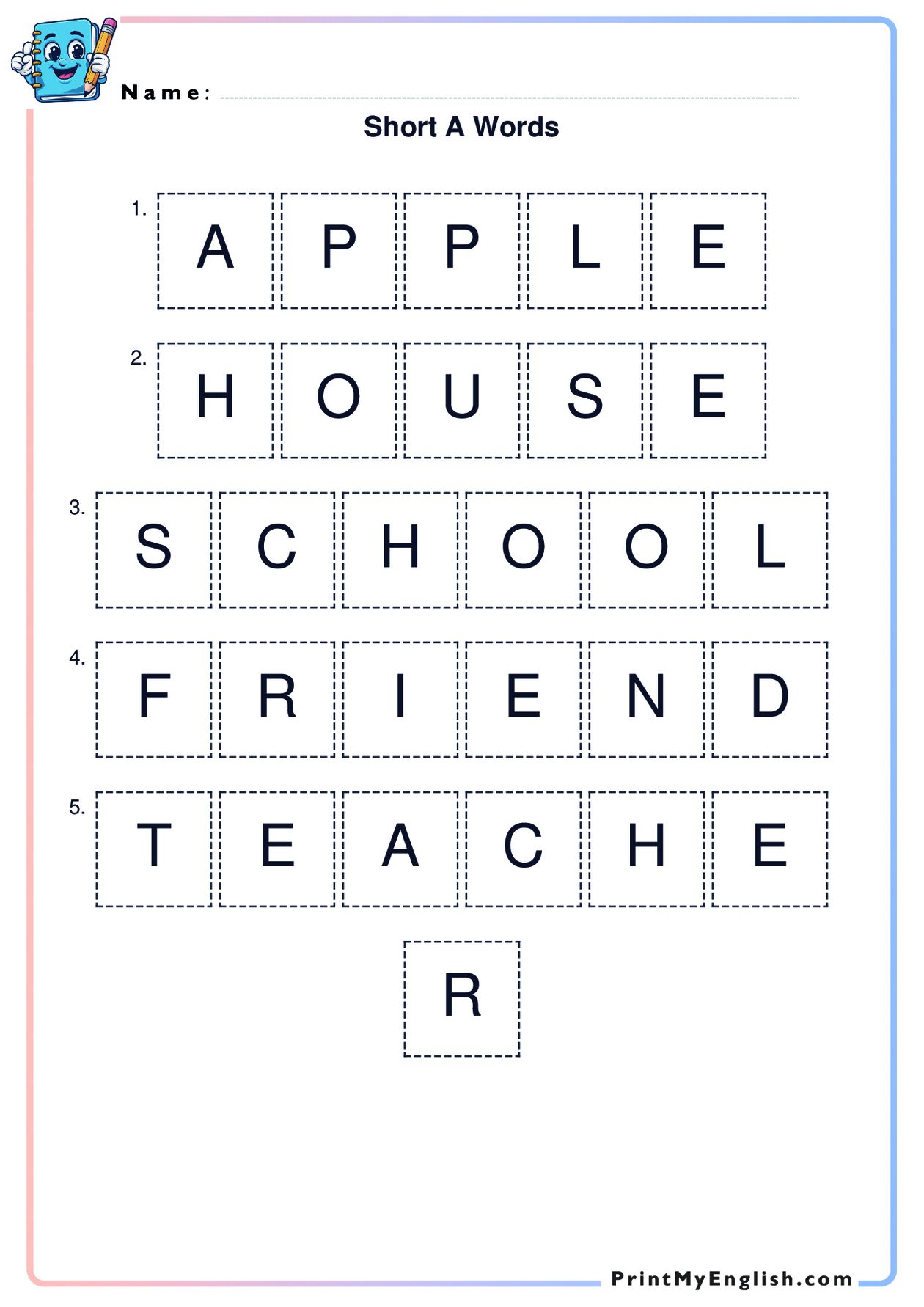 A4 portrait worksheet preview: Short A Words