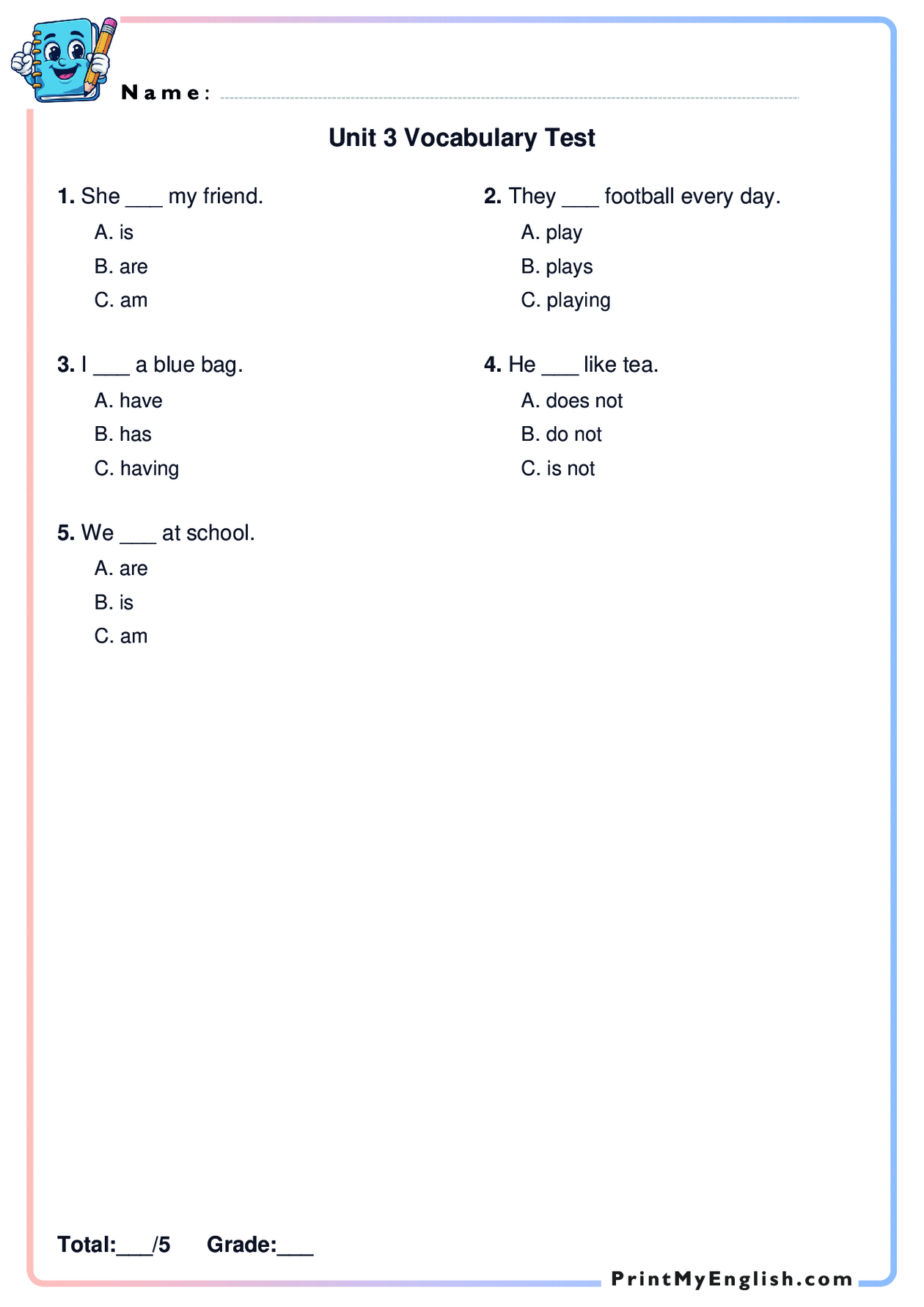 A4 portrait worksheet preview: Unit 3 Vocabulary Test