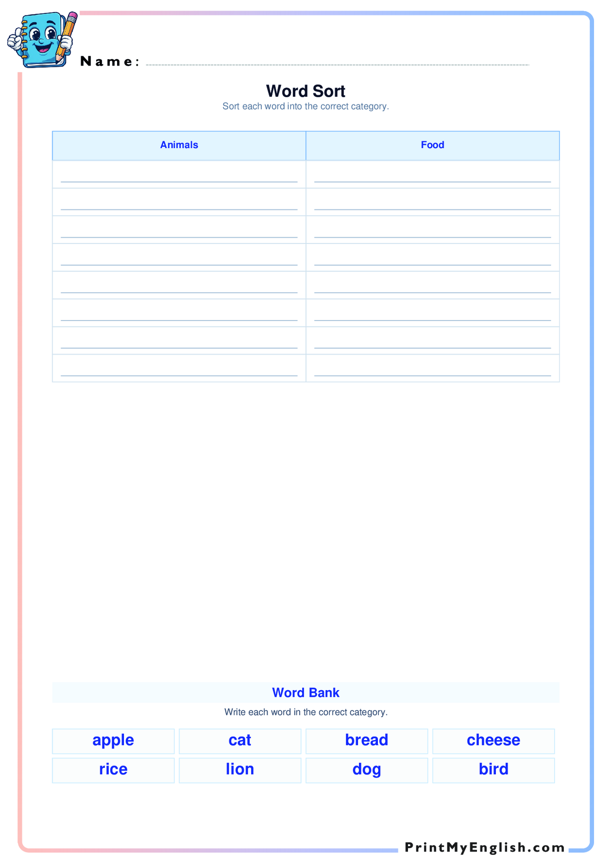 A4 portrait worksheet preview: Word Sort