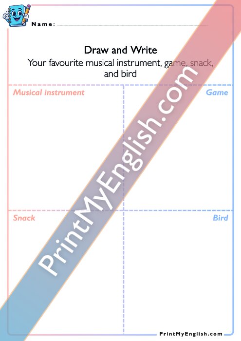 Draw and Write - Favourite musical instrument, game, snack, and bird