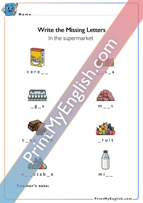 Write the Missing Letters - In the Supermarket
