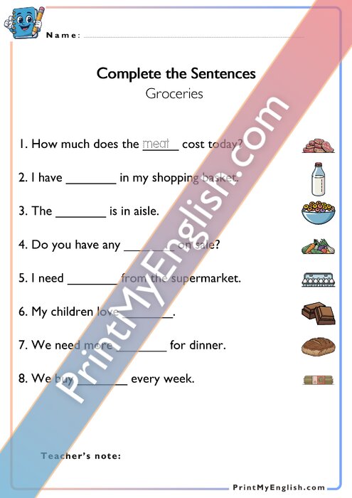 Complete the Sentences - Groceries