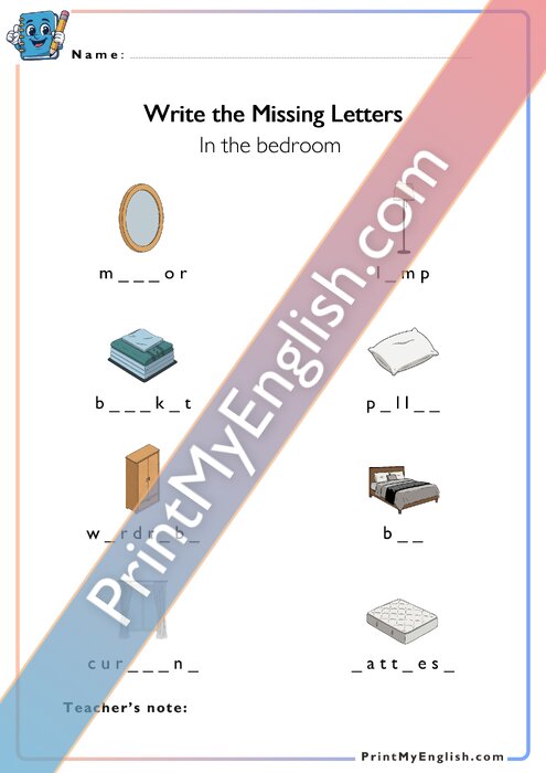 Write the Missing Letters - In the Bedroom