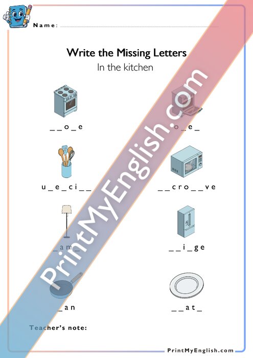 Write the Missing Letters - In the Kitchen