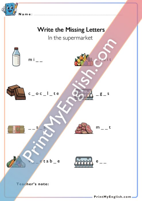 Write the Missing Letters - In the Supermarket