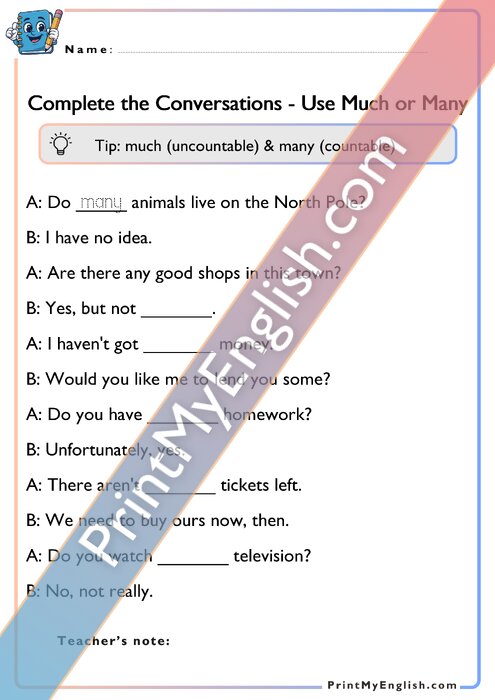 Complete the Conversations - Much or Many