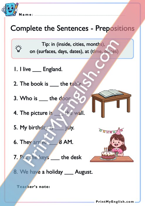 Complete the Sentences - Prepositions of Place