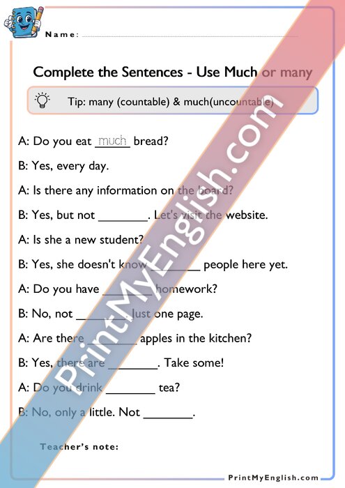 Complete the Sentences - Much or Many