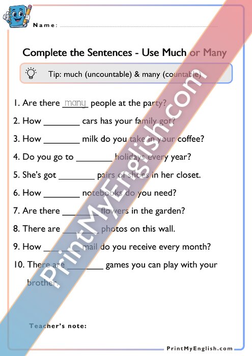 Complete the Sentences - Much or Many