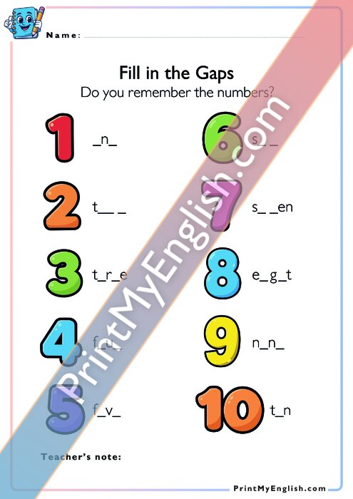 Write the Missing Letters - Numbers 1 to 10