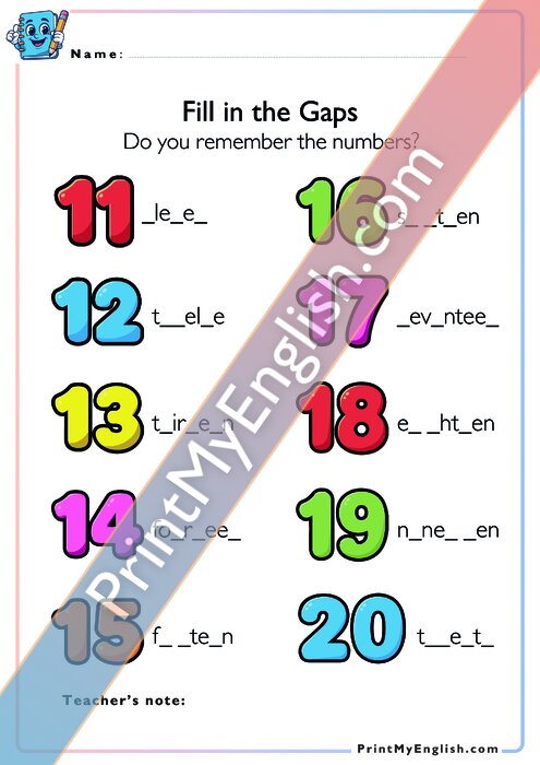 Write the Missing Letters - Numbers 11 to 20