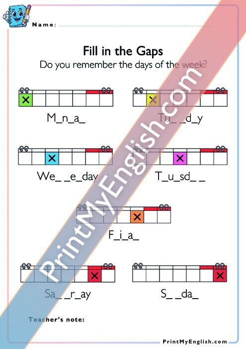 Write the Missing Letters - Days of the Week