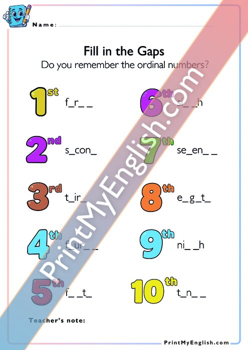 Write the Missing Letters - Ordinal Numbers