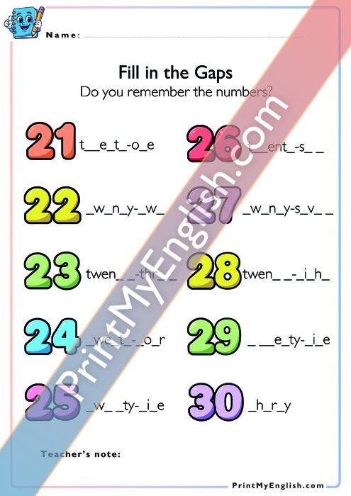 Write the Missing Letters - Numbers 21 to 30