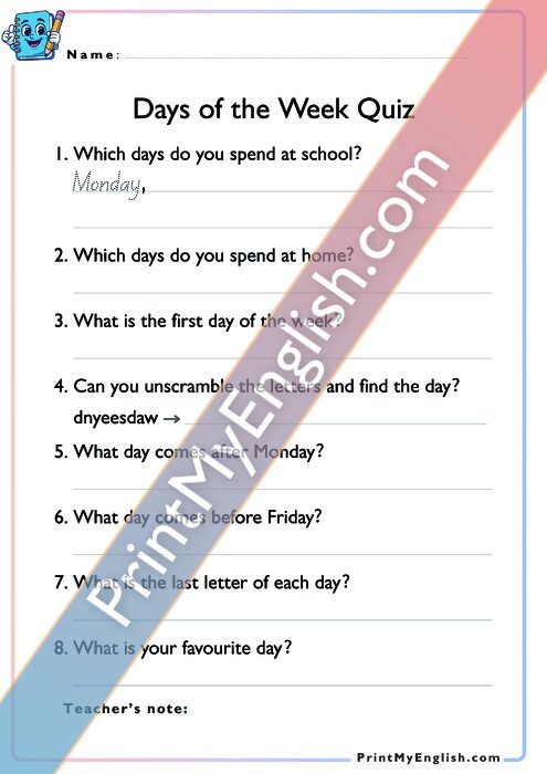 Days of the Week Quiz