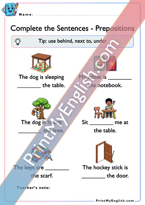 Complete the Sentences - Prepositions of Place