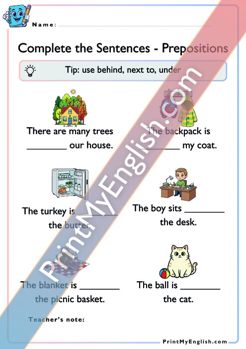 Complete the Sentences - Prepositions of Place