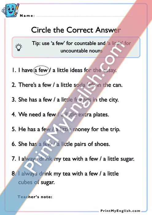 Circle the Correct Answer - A Few A Little