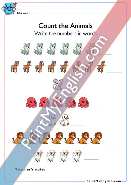 Count the Animals - Numbers to Words