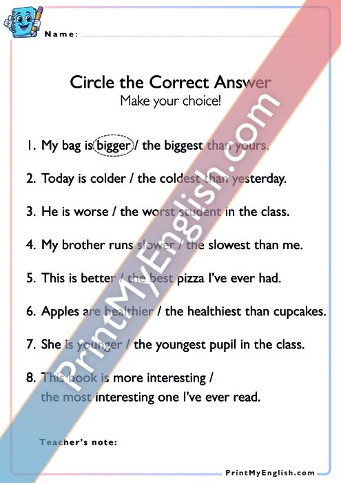 Circle the Correct Answer - Comparatives vs Superlatives