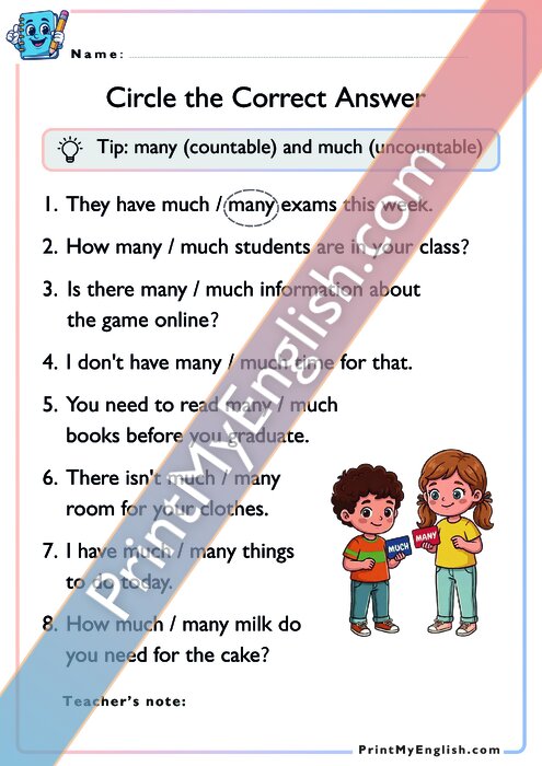 Circle the Correct Answer - Much vs Many