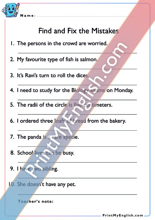 Find and Fix the Mistakes - Plural Form