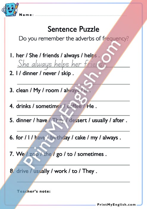 Sentence Puzzle - Adverbs of Frequency