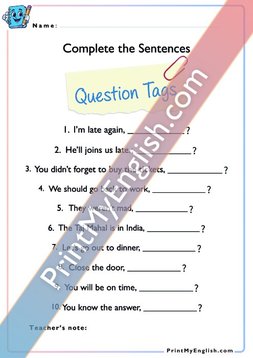 Complete the Sentences - Question Tags