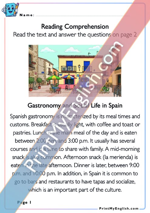 Reading Comprehension - Gastronomy and Social Life in Spain