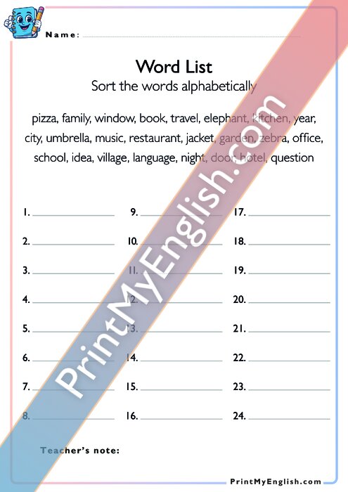 Word List - Sort the Words Alphabetically - Version 1