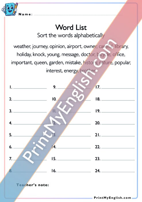 Word List - Sort the Words Alphabetically - Version 2