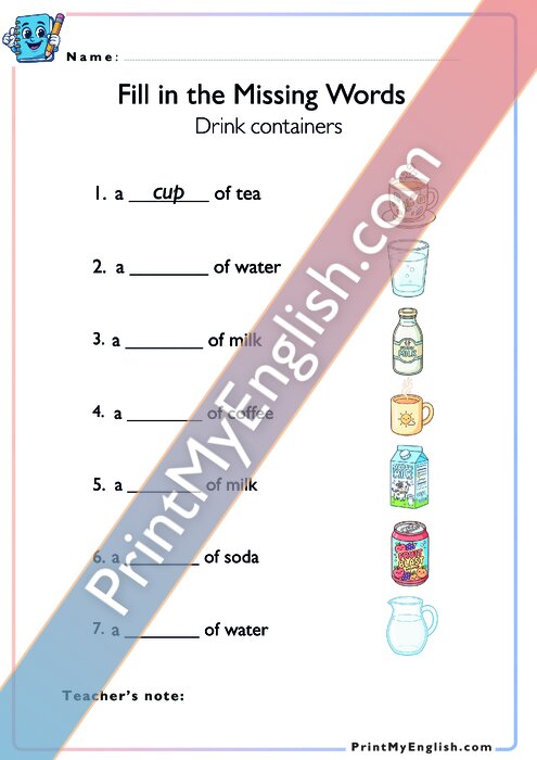 Fill in the Missing Words - Drink Containers