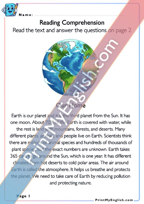 Reading Comprehension - Our Home: Earth