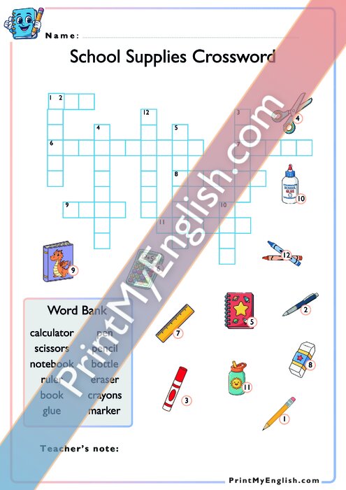 School Supplies - Crossword