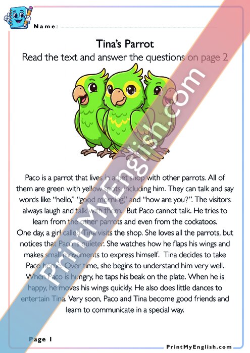 Tina's Parrot - Reading Comprehension