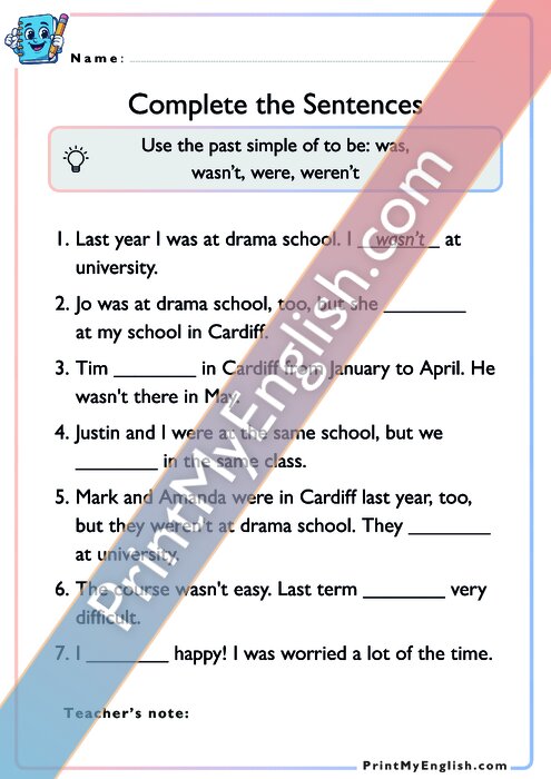 Complete the Sentences - Past Simple of To Be