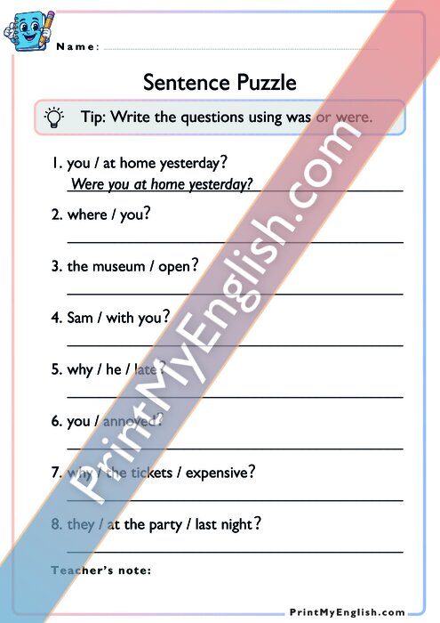 Sentence Puzzle - Past Simple of To Be